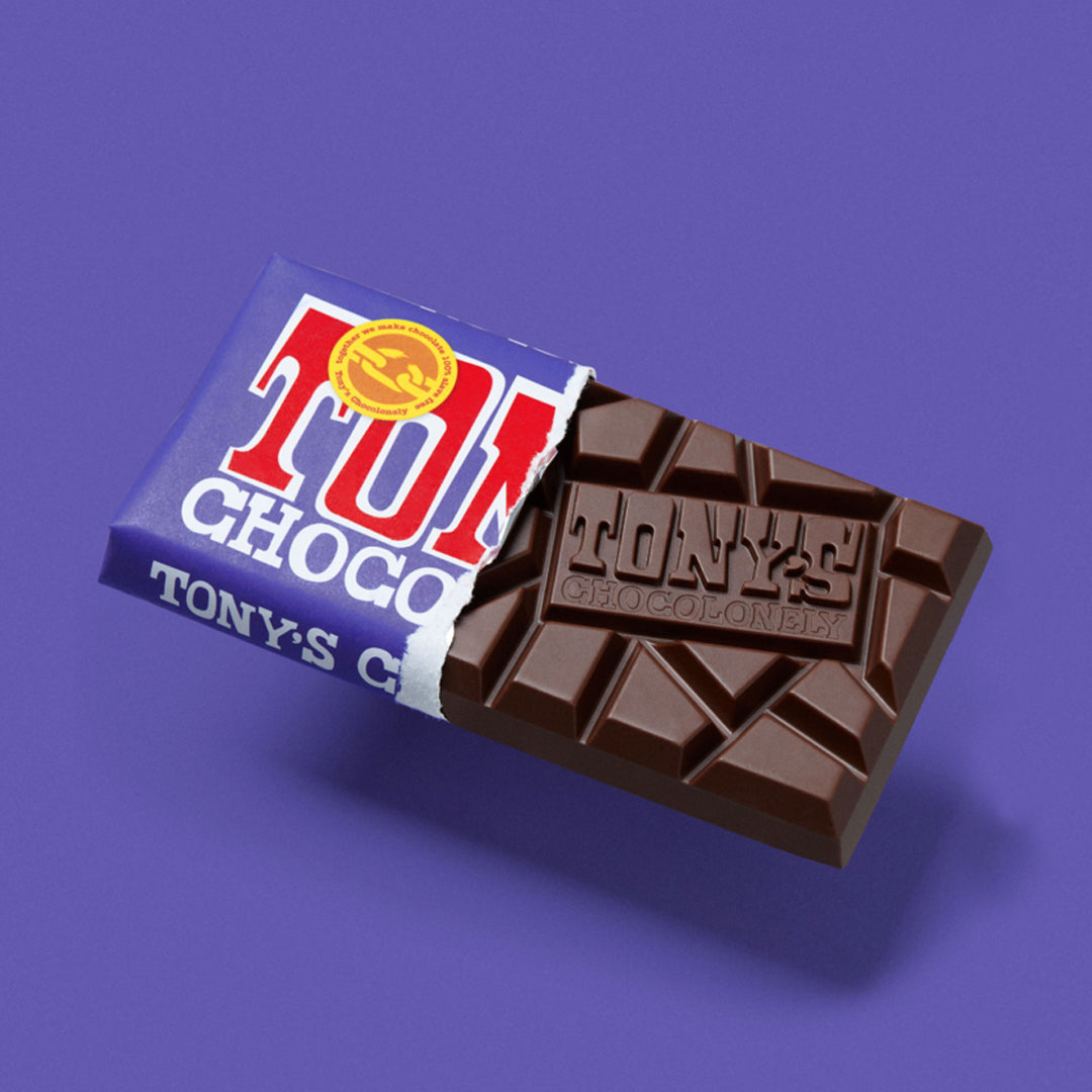 Tony's chocolonely dark chocolate coming out of purple packet