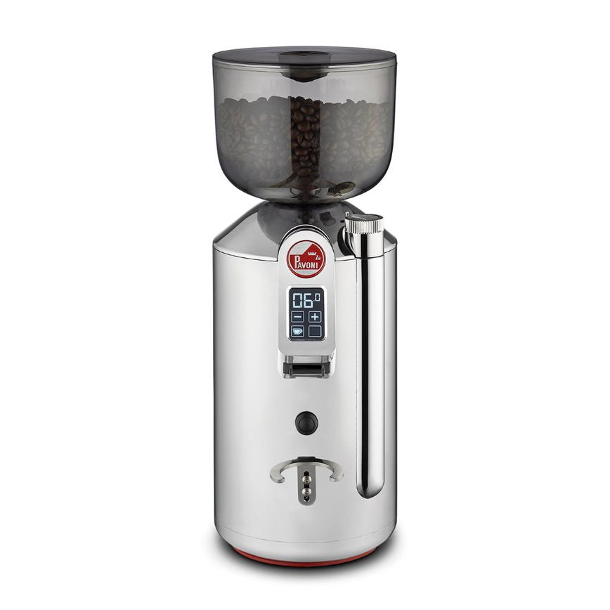 La Pavoni coffee grinder in silver with coffee beans front view