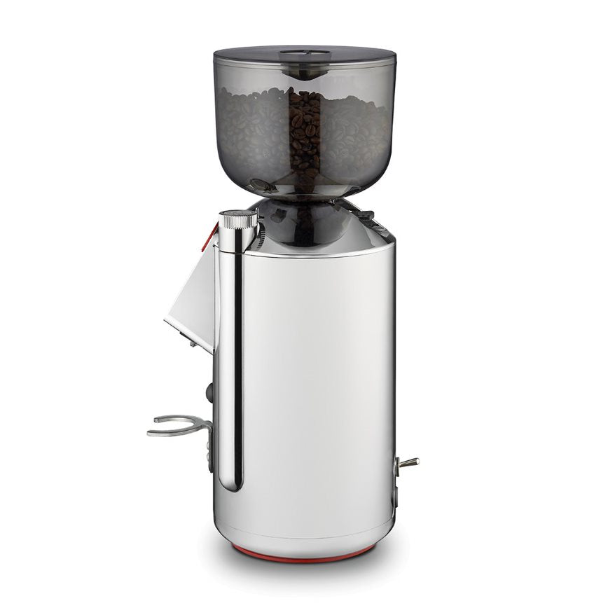 La Pavoni coffee grinder in silver with coffee beans side view