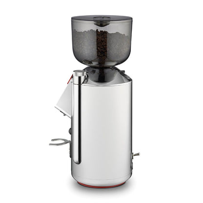 La Pavoni coffee grinder in silver with coffee beans side view