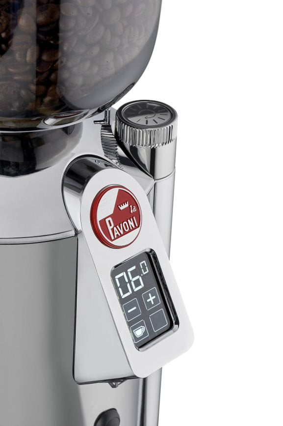 La Pavoni coffee grinder in silver with digital grind settings