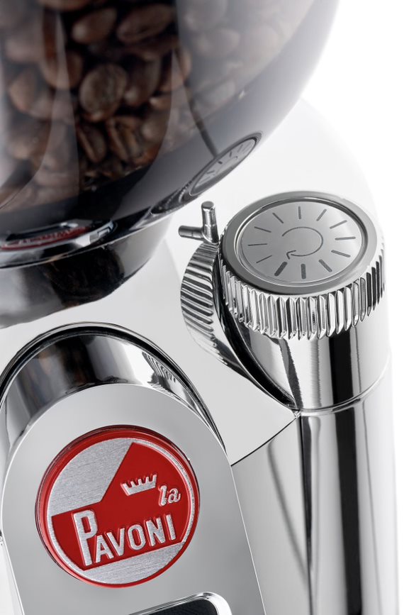 La Pavoni coffee grinder in silver with manual grind settings
