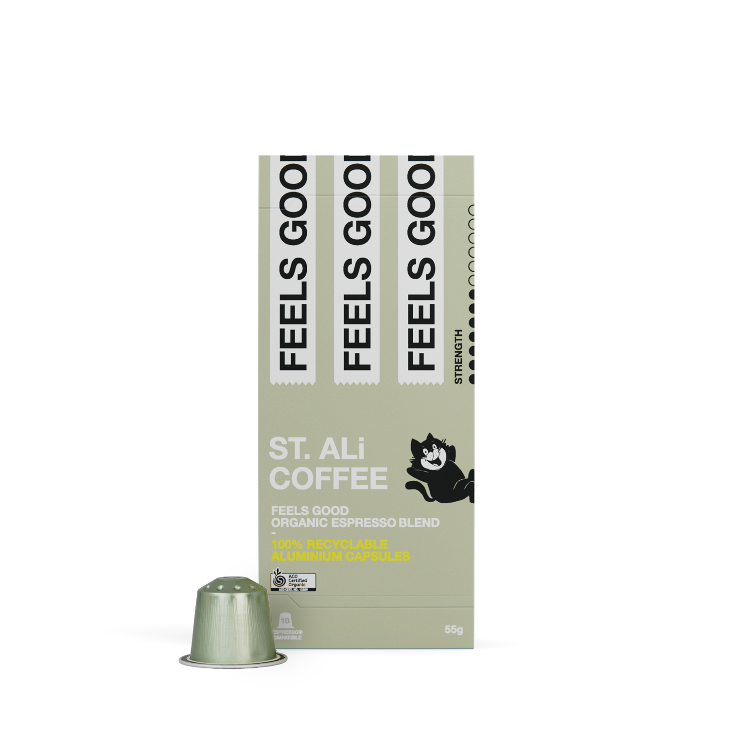 Green Feels Good box of coffee capsules 55 grams front view
