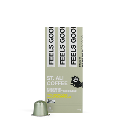 Green Feels Good box of coffee capsules 55 grams front view
