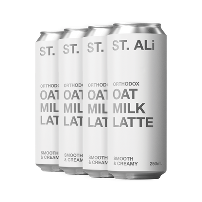 Pack of Orthodox 250 millilitre white cans of oat milk latte