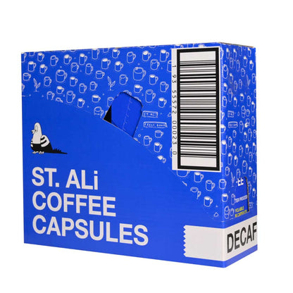 Side of Swiss Water Decaf blue box of coffee 55 grams 60 capules