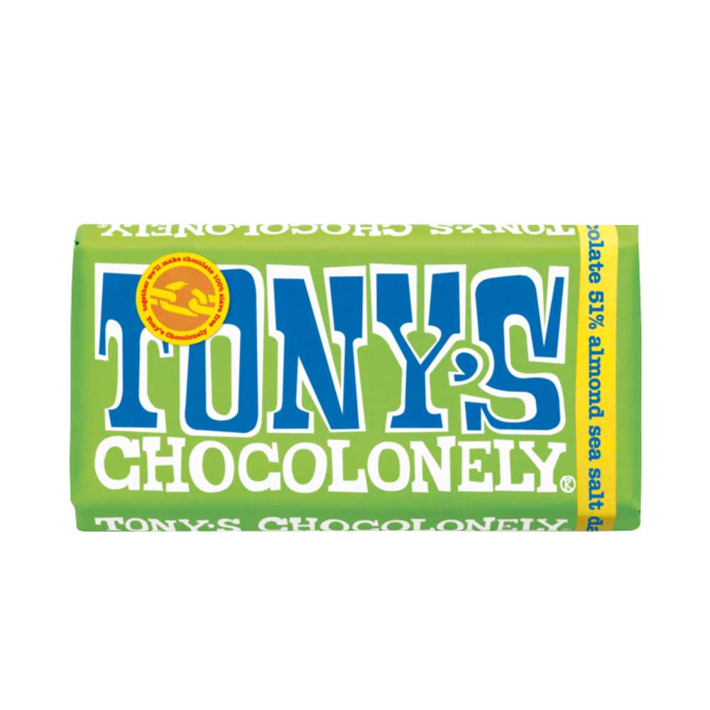 Tony's Chocolonely almond chocolate in green packet