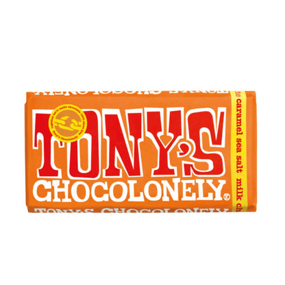 Tony's Chocolonely caramel chocolate in orange packet