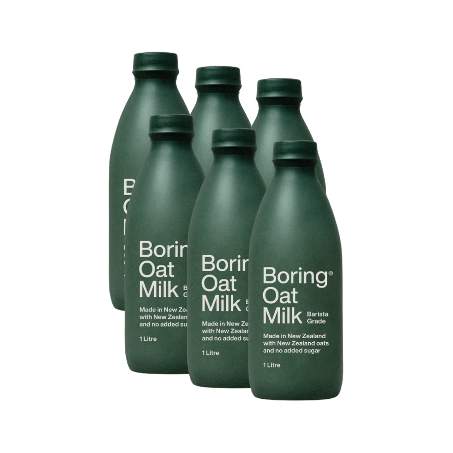 6 green bottles of barista grade oat milk, 1 litre each