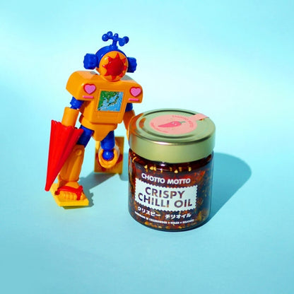 Chotto Motto crispy chilli oil in jar with a colourful robot toy